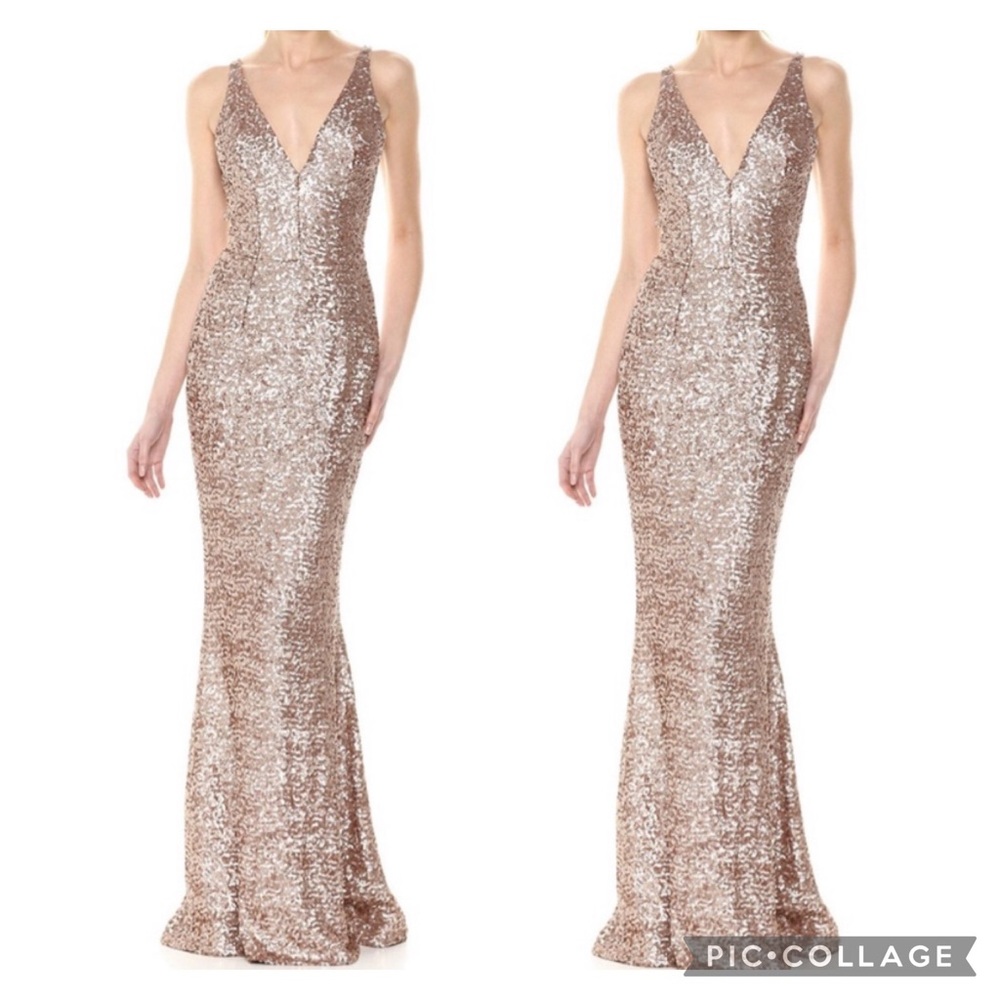 Dress The Population Plunging Neckline Gold Sequin Gown S